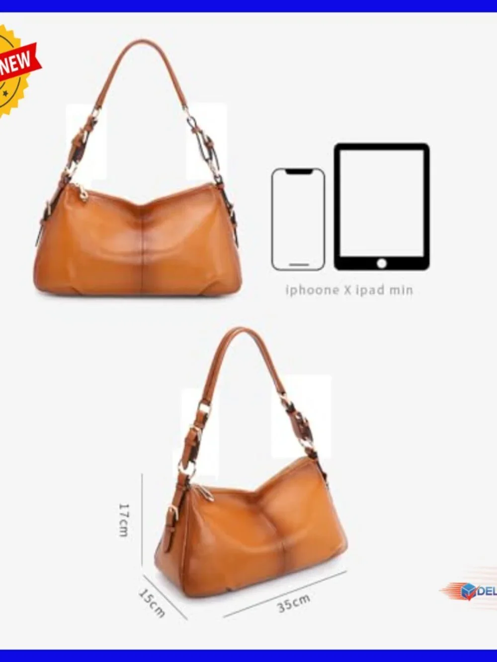 Genuine Leather Hobo Handbag with Adjustable Strap, Multiple Pockets